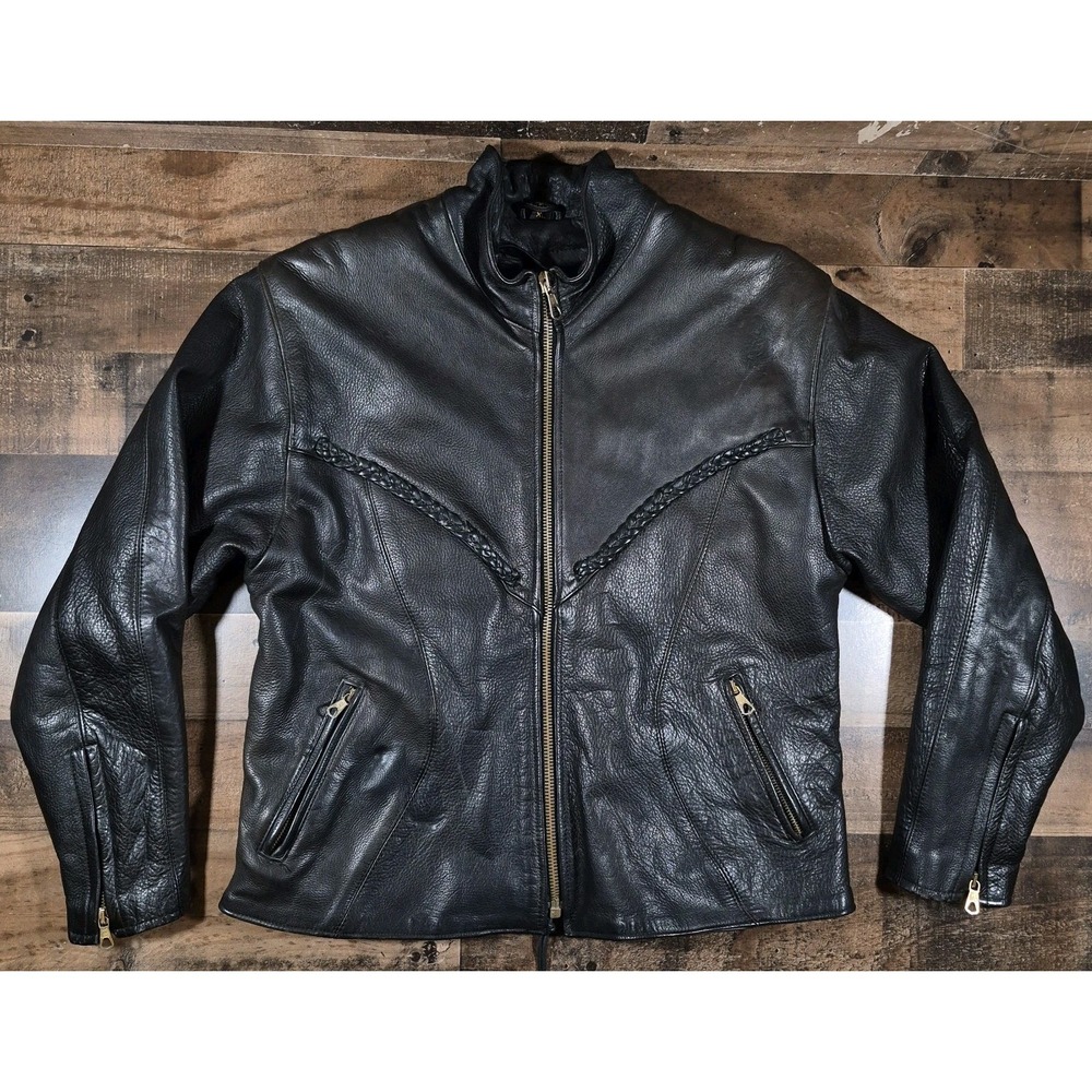 Unik Ultra Leather Motorcycle Jacket Womens XL Black Riding Braided Biker